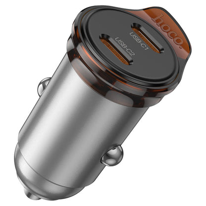 Avtomobilski polnilec s kablom Lightning HOCO NZ16B, 45W, 3A, 2 x USB-C, Siv