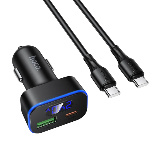 Avtomobilski polnilec s kablom USB-C HOCO Z63B Display, 48W, 3A, 1 x USB-A - 1 x USB-C, črn