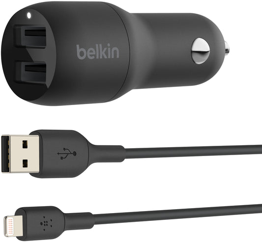 Avto polnilec z Lightning kablom Belkin BoostCharge Dual, 24W, 2.4A, 2 x USB-A, Črn CCD001bt1MBK