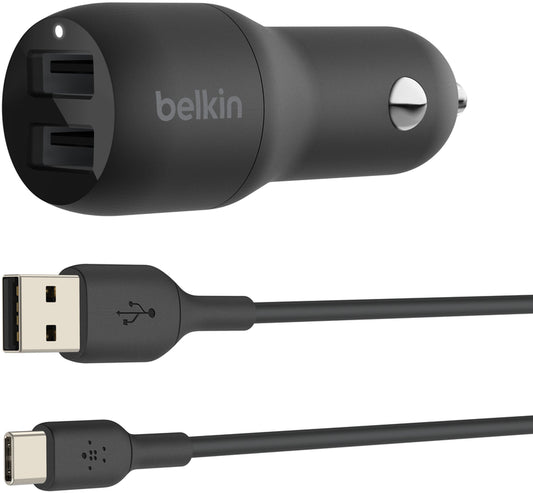 Avto polnilec z USB-C kablom Belkin BoostCharge Dual, 24W, 2.4A, 2 x USB-A, črn CCE001bt1MBK
