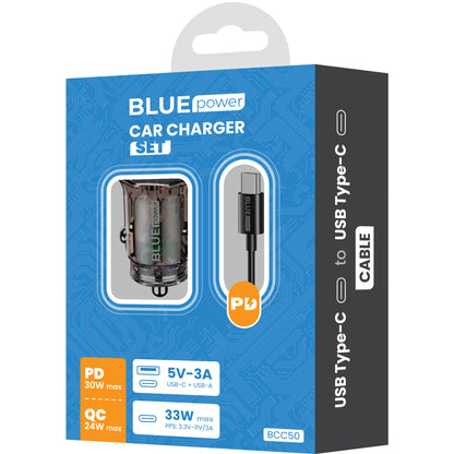 Avtomobilski polnilnik s kablom USB-C BLUE Power BCC50, 33 W, 3A, 1 x USB-A - 1 x USB-C, črn