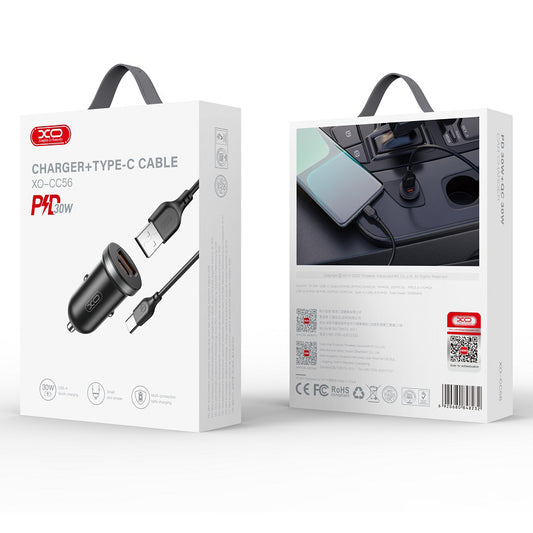Avtomobilski polnilec s kablom USB-C XO Design CC56, 30W, 3A, 1 x USB-A - 1 x USB-C, črn
