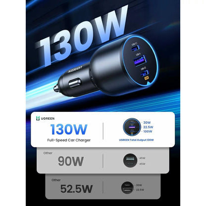 Avtomobilski polnilnik s kablom USB-C UGREEN CD293, 130 W, 5 A, 1 x USB-A - 2 x USB-C, črn 