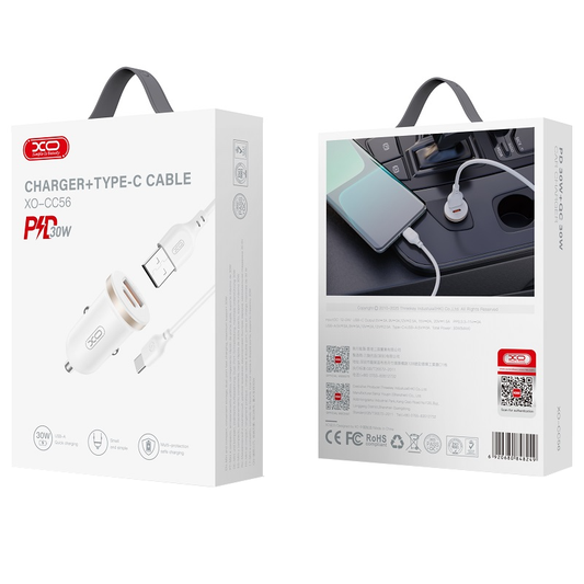 Avtomobilski polnilec s kablom USB-C XO Design CC56, 30W, 3A, 1 x USB-A - 1 x USB-C, Bel