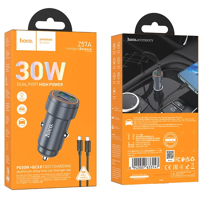 Avtomobilski polnilec s kablom USB-C HOCO Z57A, 30W, 3A, 1 x USB-A - 1 x USB-C, Siv