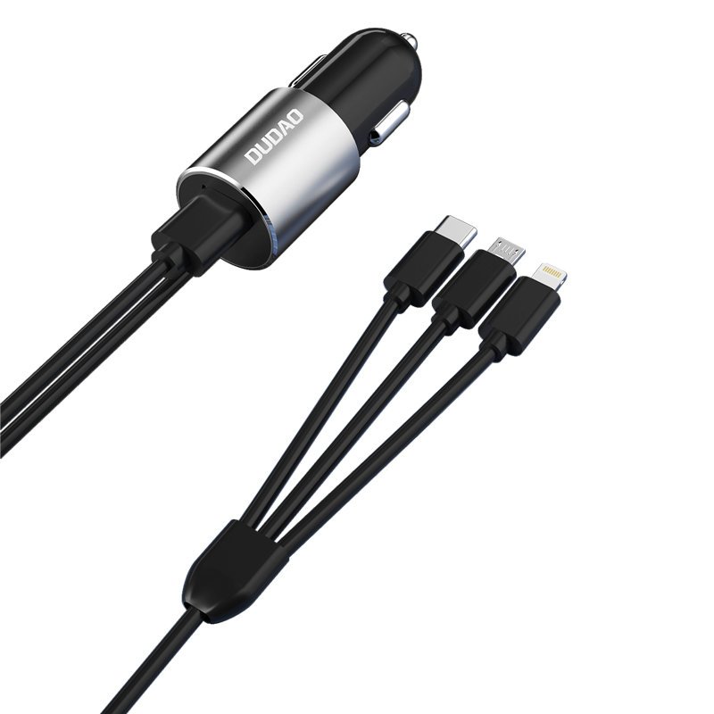 Avto polnilec z Lightning / microUSB / USB-C kablom Dudao R5ProN, 17W, 3.4A, 1 x USB-A, Črn