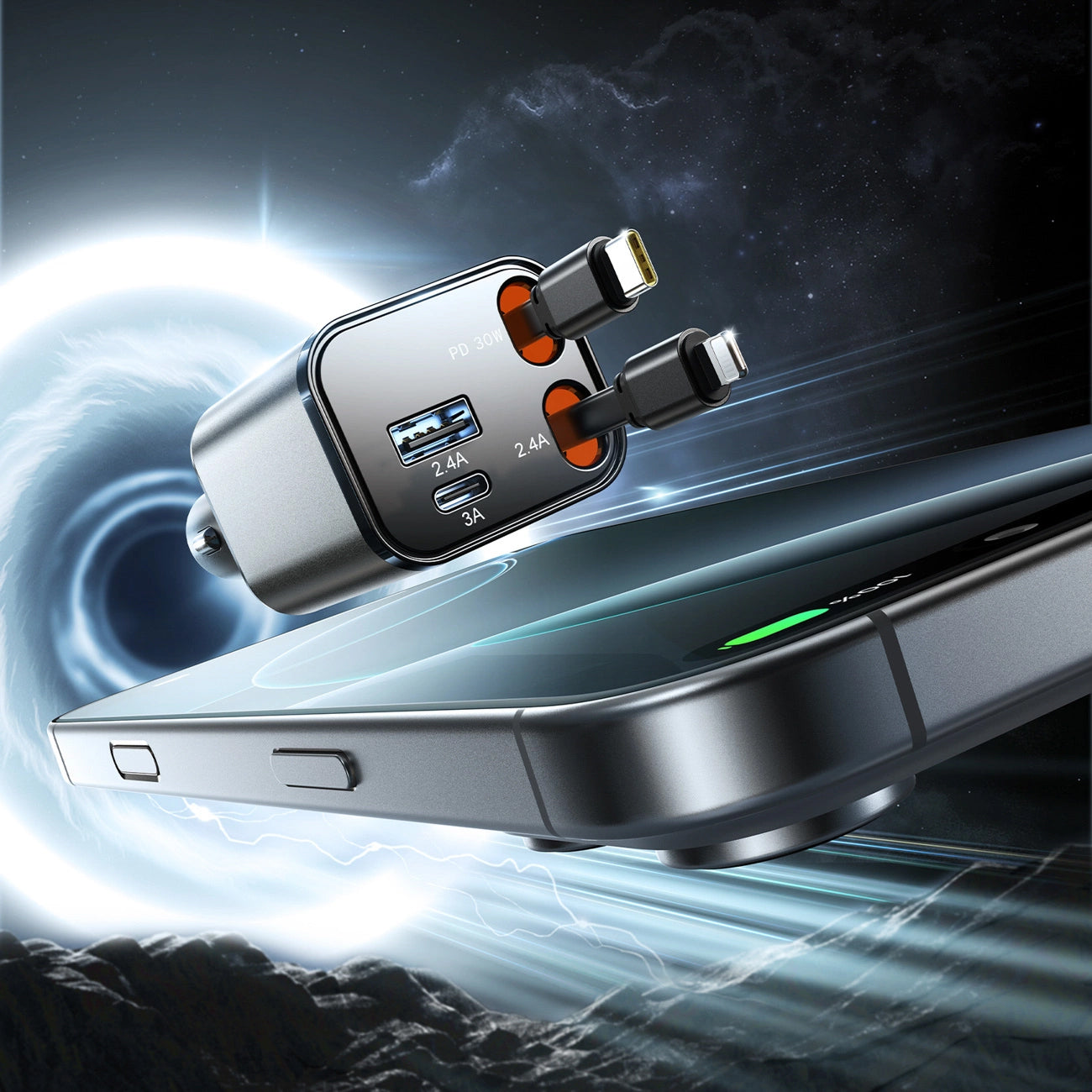 Avtomobilski polnilec z USB-C / Lightning kablom Joyroom JR-CCL05, 30W, 3A, 1 x USB-A - 1 x USB-C, siv