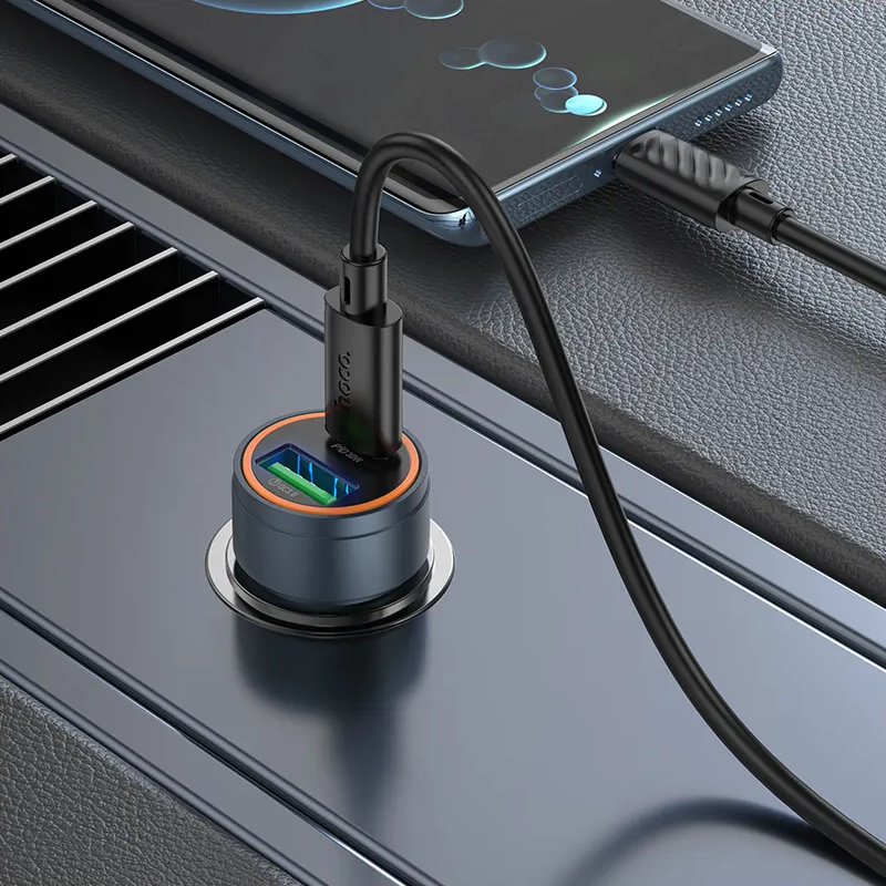 Avtomobilski polnilec s kablom USB-C HOCO Z57A, 30W, 3A, 1 x USB-A - 1 x USB-C, Siv