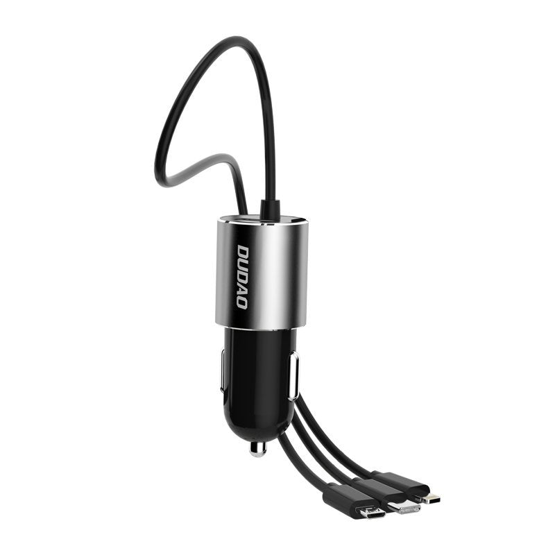 Avto polnilec z Lightning / microUSB / USB-C kablom Dudao R5ProN, 17W, 3.4A, 1 x USB-A, Črn