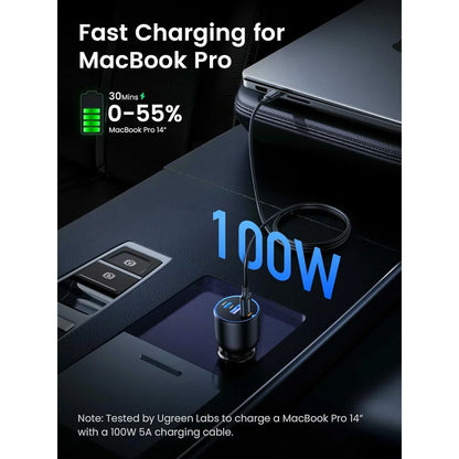 Avtomobilski polnilnik s kablom USB-C UGREEN CD293, 130 W, 5 A, 1 x USB-A - 2 x USB-C, črn 