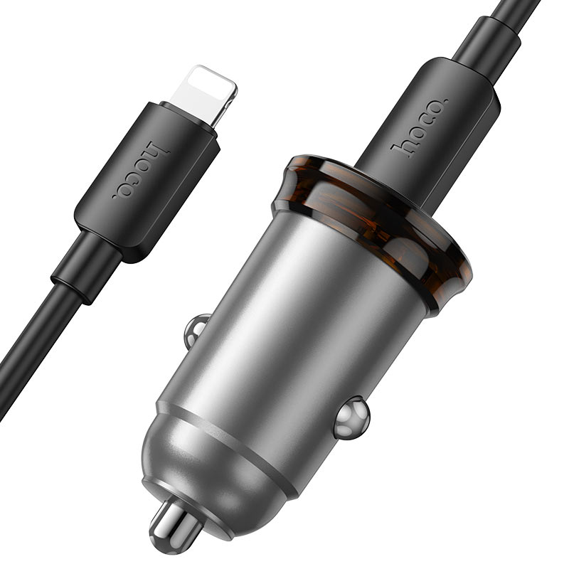 Avtomobilski polnilec s kablom Lightning HOCO NZ16B, 45W, 3A, 2 x USB-C, Siv