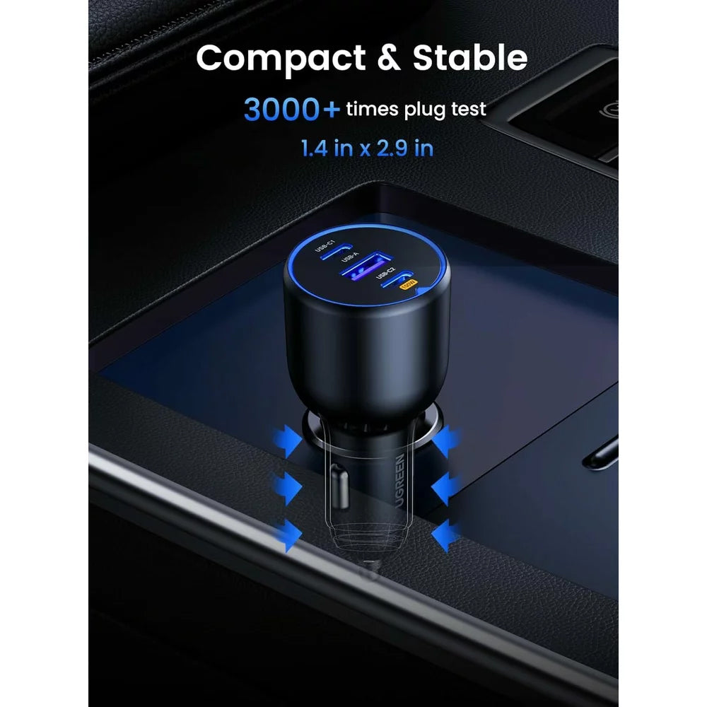 Avtomobilski polnilnik s kablom USB-C UGREEN CD293, 130 W, 5 A, 1 x USB-A - 2 x USB-C, črn 
