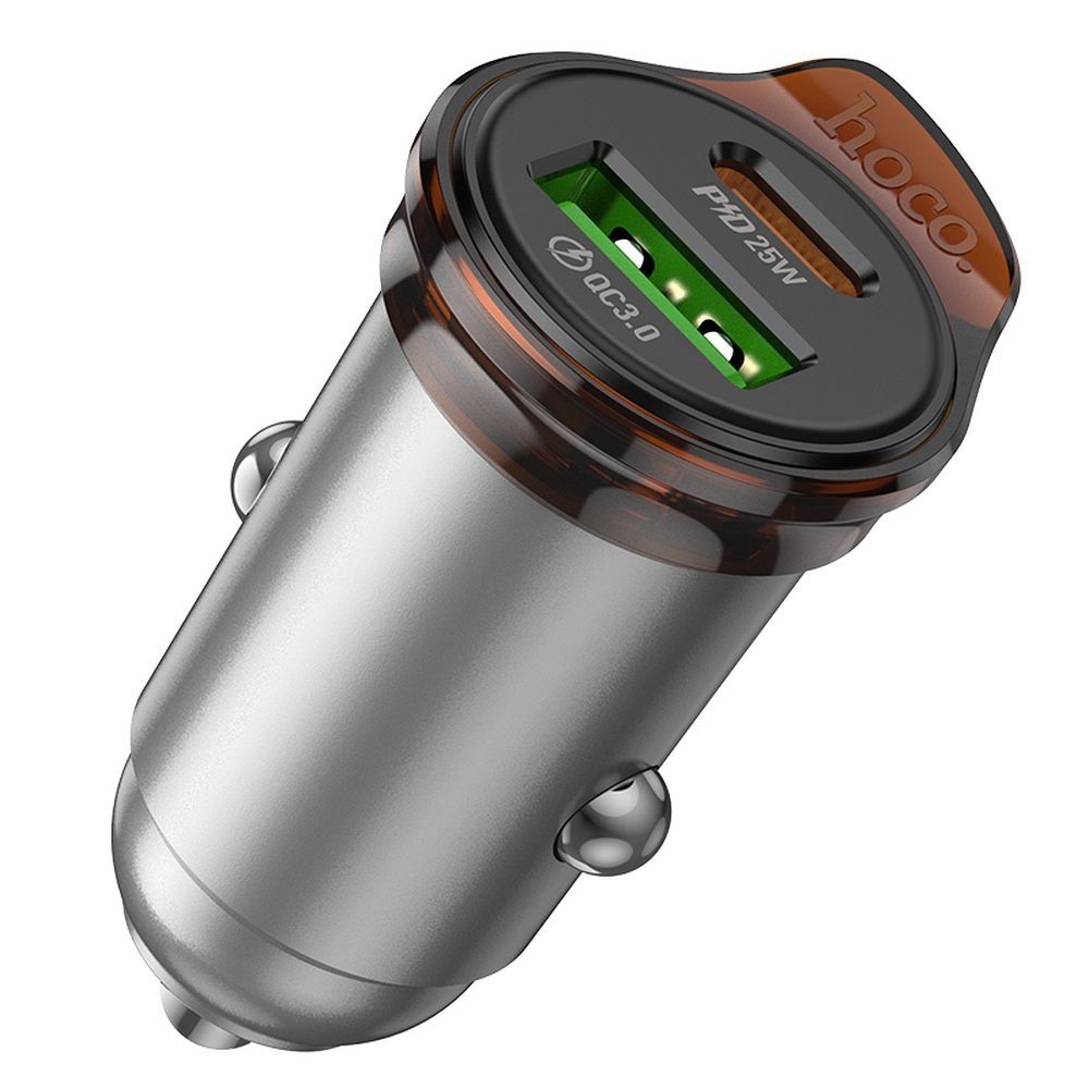 Avtomobilski polnilec s kablom USB-C HOCO NZ16A, 43W, 3A, 1 x USB-A - 1 x USB-C, siv