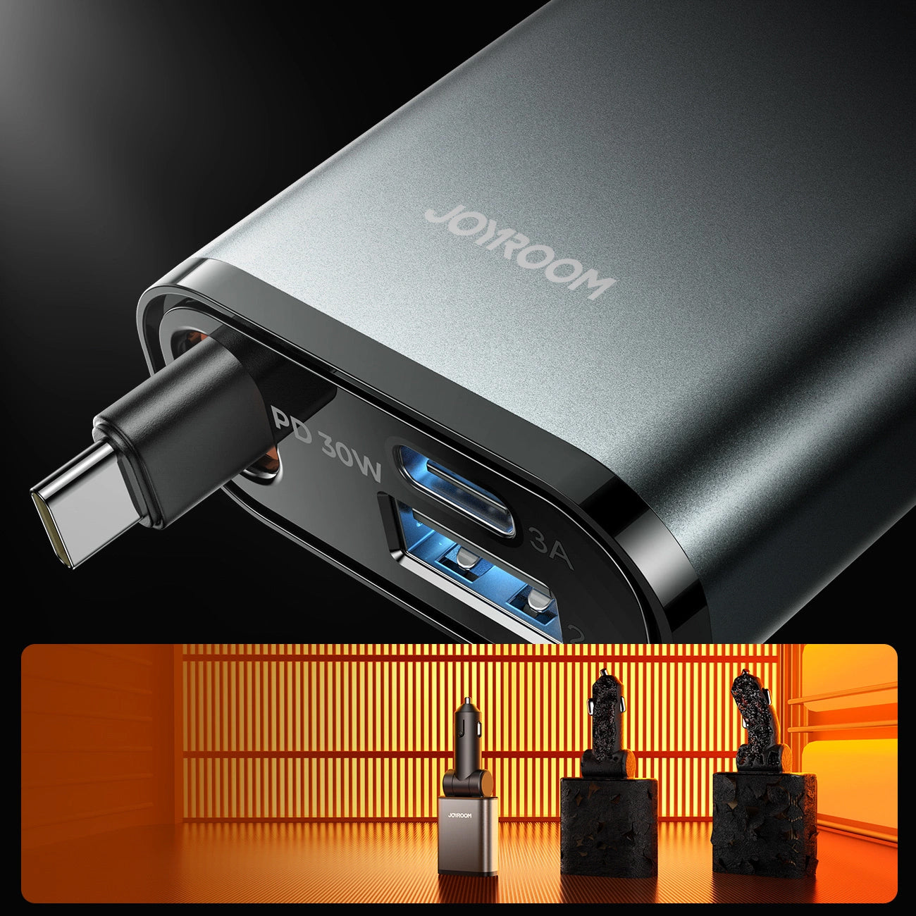 Avtomobilski polnilec z USB-C kablom Joyroom JR-CCL07, 30W, 3A, 1 x USB-A - 1 x USB-C, siv