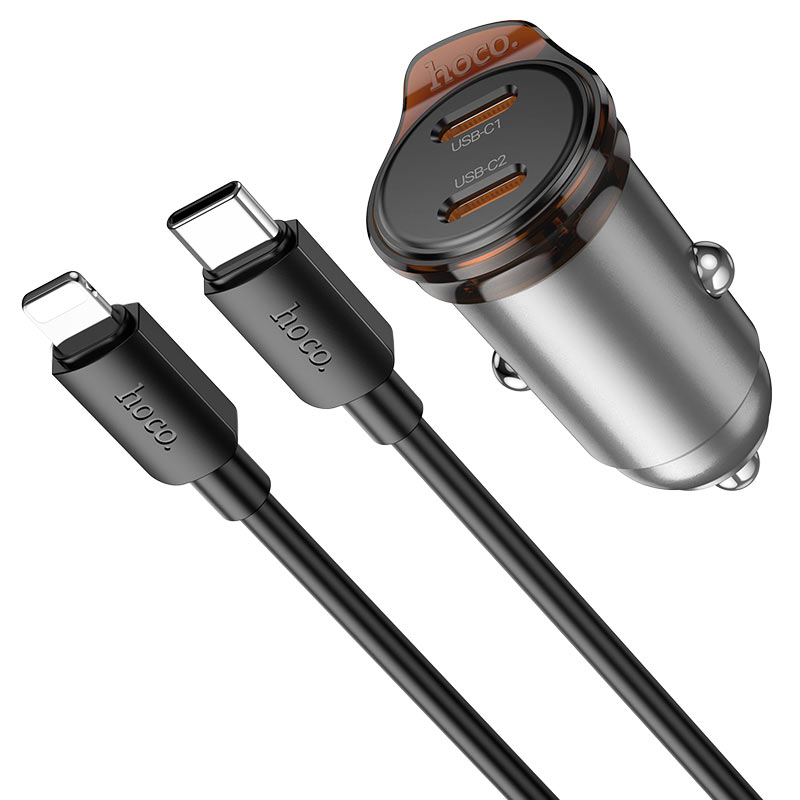 Avtomobilski polnilec s kablom Lightning HOCO NZ16B, 45W, 3A, 2 x USB-C, Siv