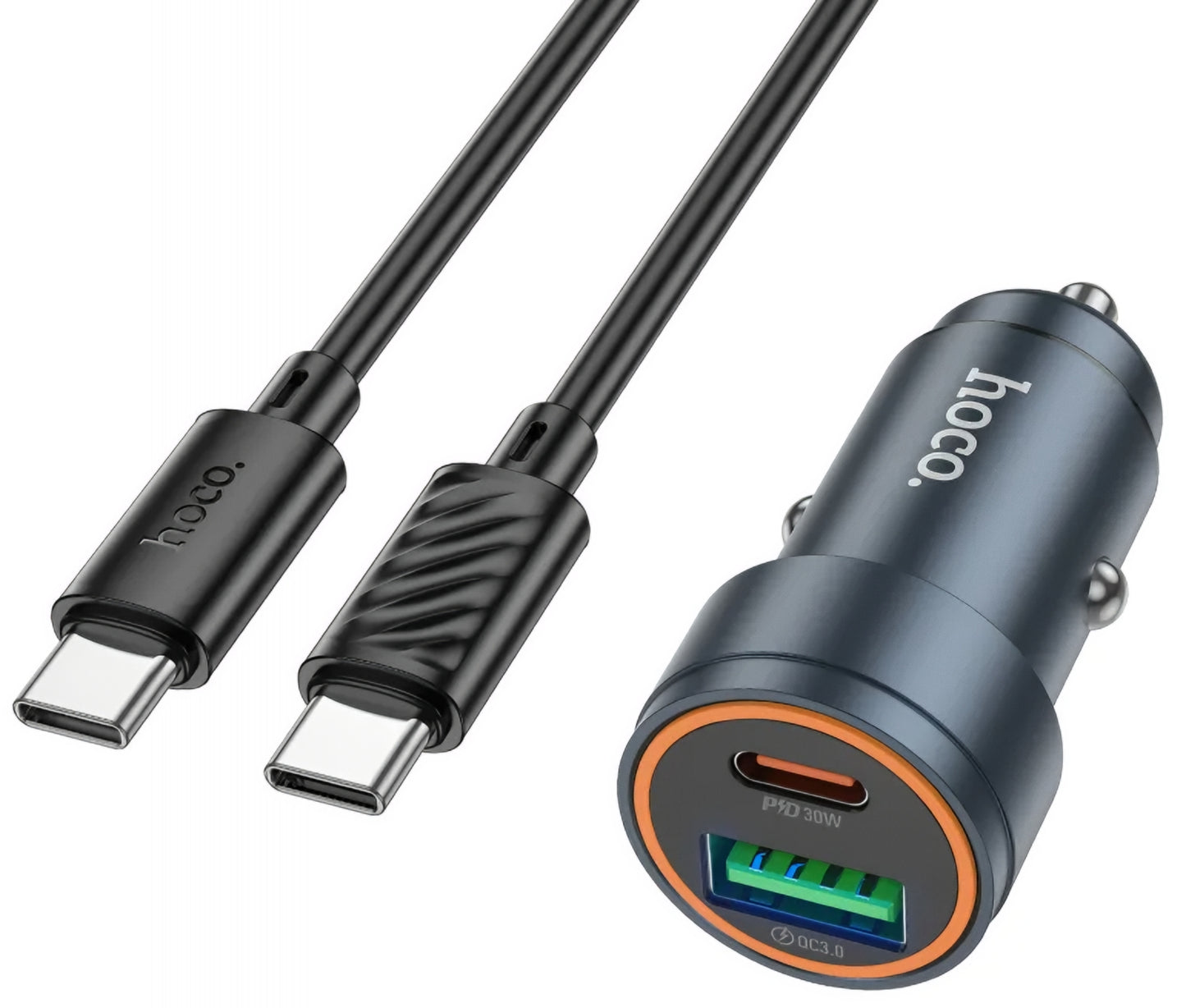 Avtomobilski polnilec s kablom USB-C HOCO Z57A, 30W, 3A, 1 x USB-A - 1 x USB-C, Siv