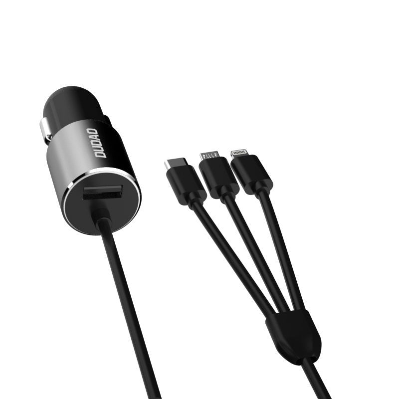 Avto polnilec z Lightning / microUSB / USB-C kablom Dudao R5ProN, 17W, 3.4A, 1 x USB-A, Črn