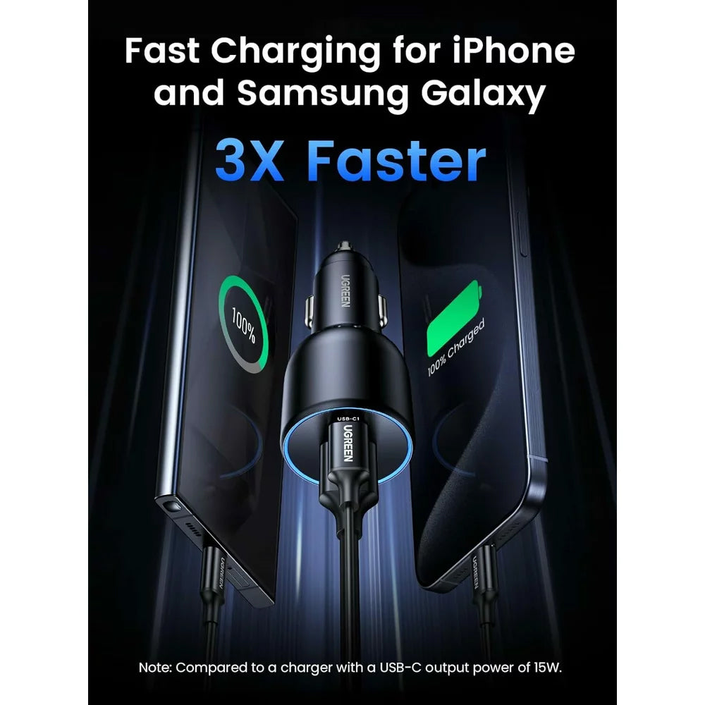 Avtomobilski polnilnik s kablom USB-C UGREEN CD293, 130 W, 5 A, 1 x USB-A - 2 x USB-C, črn 