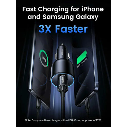 Avtomobilski polnilnik s kablom USB-C UGREEN CD293, 130 W, 5 A, 1 x USB-A - 2 x USB-C, črn 