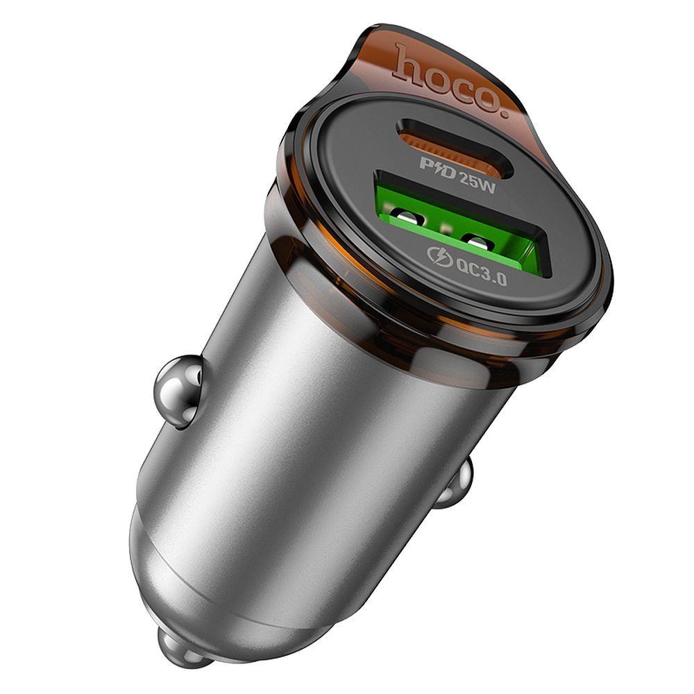 Avtomobilski polnilec s kablom USB-C HOCO NZ16A, 43W, 3A, 1 x USB-A - 1 x USB-C, siv