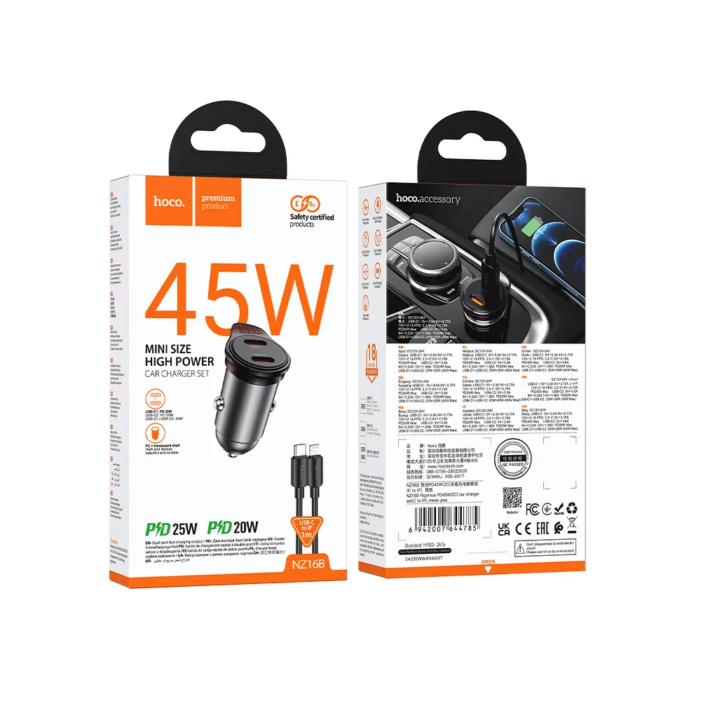 Avtomobilski polnilec s kablom Lightning HOCO NZ16B, 45W, 3A, 2 x USB-C, Siv