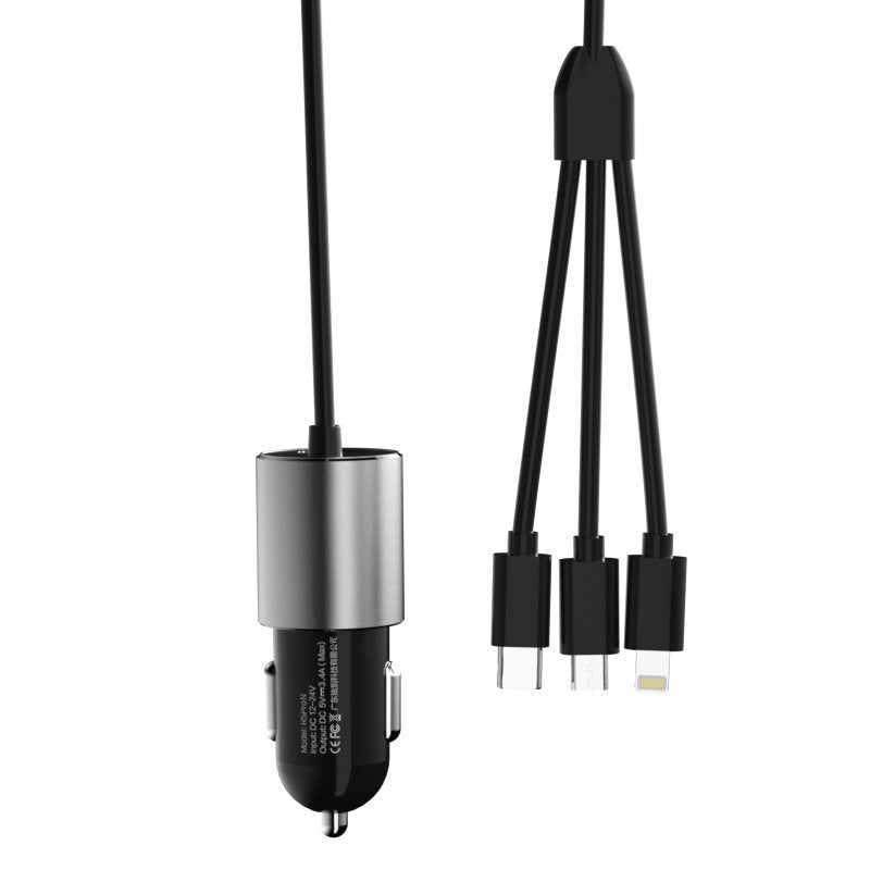 Avto polnilec z Lightning / microUSB / USB-C kablom Dudao R5ProN, 17W, 3.4A, 1 x USB-A, Črn