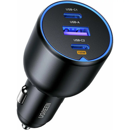 Avtomobilski polnilnik s kablom USB-C UGREEN CD293, 130 W, 5 A, 1 x USB-A - 2 x USB-C, črn 