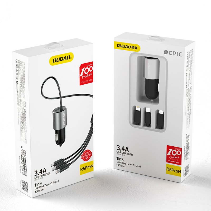 Avto polnilec z Lightning / microUSB / USB-C kablom Dudao R5ProN, 17W, 3.4A, 1 x USB-A, Črn