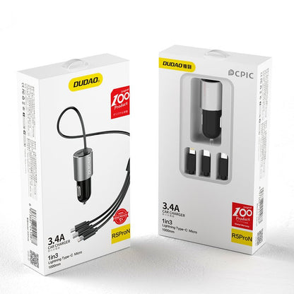 Avto polnilec z Lightning / microUSB / USB-C kablom Dudao R5ProN, 17W, 3.4A, 1 x USB-A, Črn