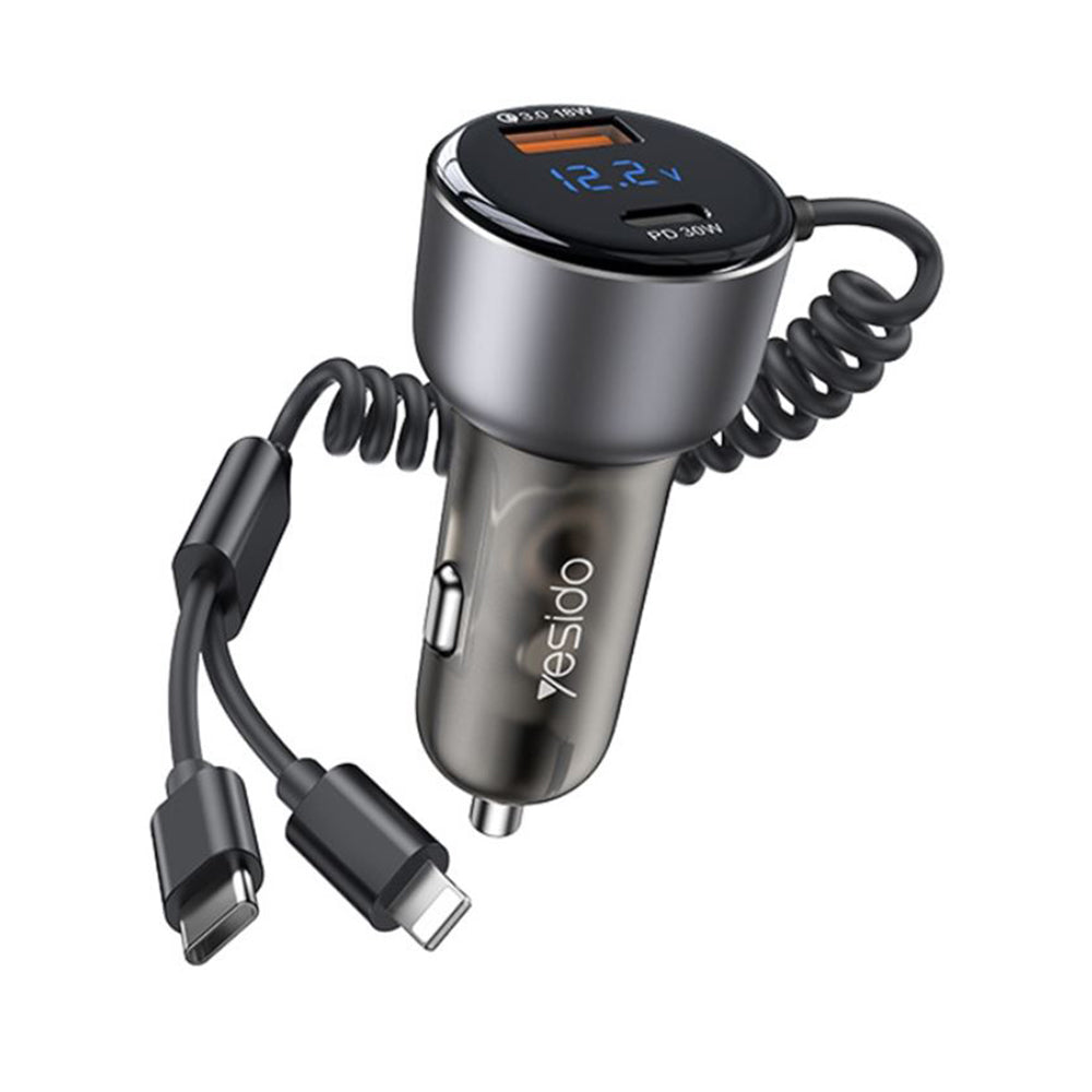 Avtomobilski polnilec z USB-C / Lightning kablom Yesido Y58 Display, 60W, 3A, 1 x USB-A - 1 x USB-C, Siv