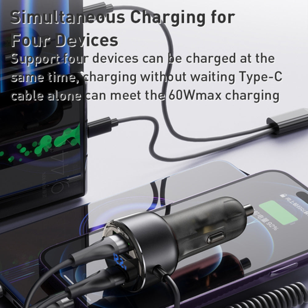 Avtomobilski polnilec z USB-C / Lightning kablom Yesido Y58 Display, 60W, 3A, 1 x USB-A - 1 x USB-C, Siv