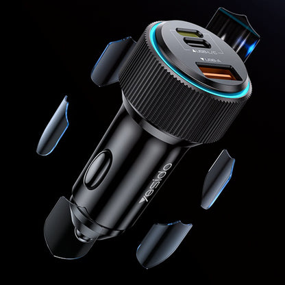 Avtomobilski polnilec z Lightning kablom Yesido Y60, 38W, 3A, 1 x USB-A - 2 x USB-C, črn
