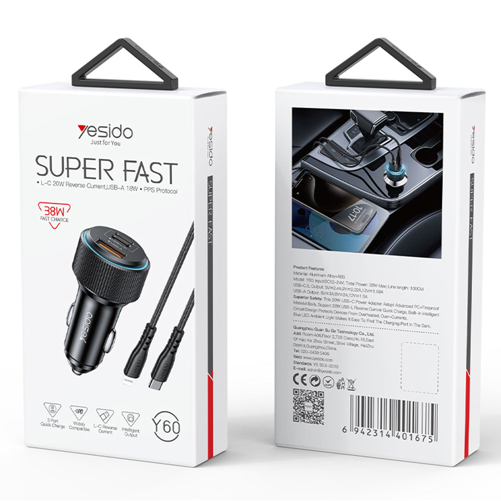 Avtomobilski polnilec z Lightning kablom Yesido Y60, 38W, 3A, 1 x USB-A - 2 x USB-C, črn