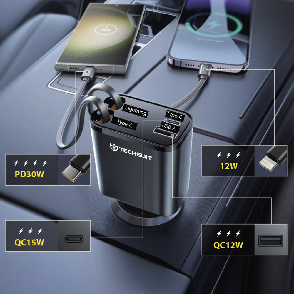 Avtomobilski polnilec s kablom USB-C / Lightning Techsuit C1 NanoVoltX, 69W, 3A, 1 x USB-A - 1 x USB-C, siv