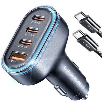 Avtomobilski polnilec z USB-C kablom Lisen, 101W, 3.25A, 1 x USB-A - 3 x USB-C, črn YL0223120021