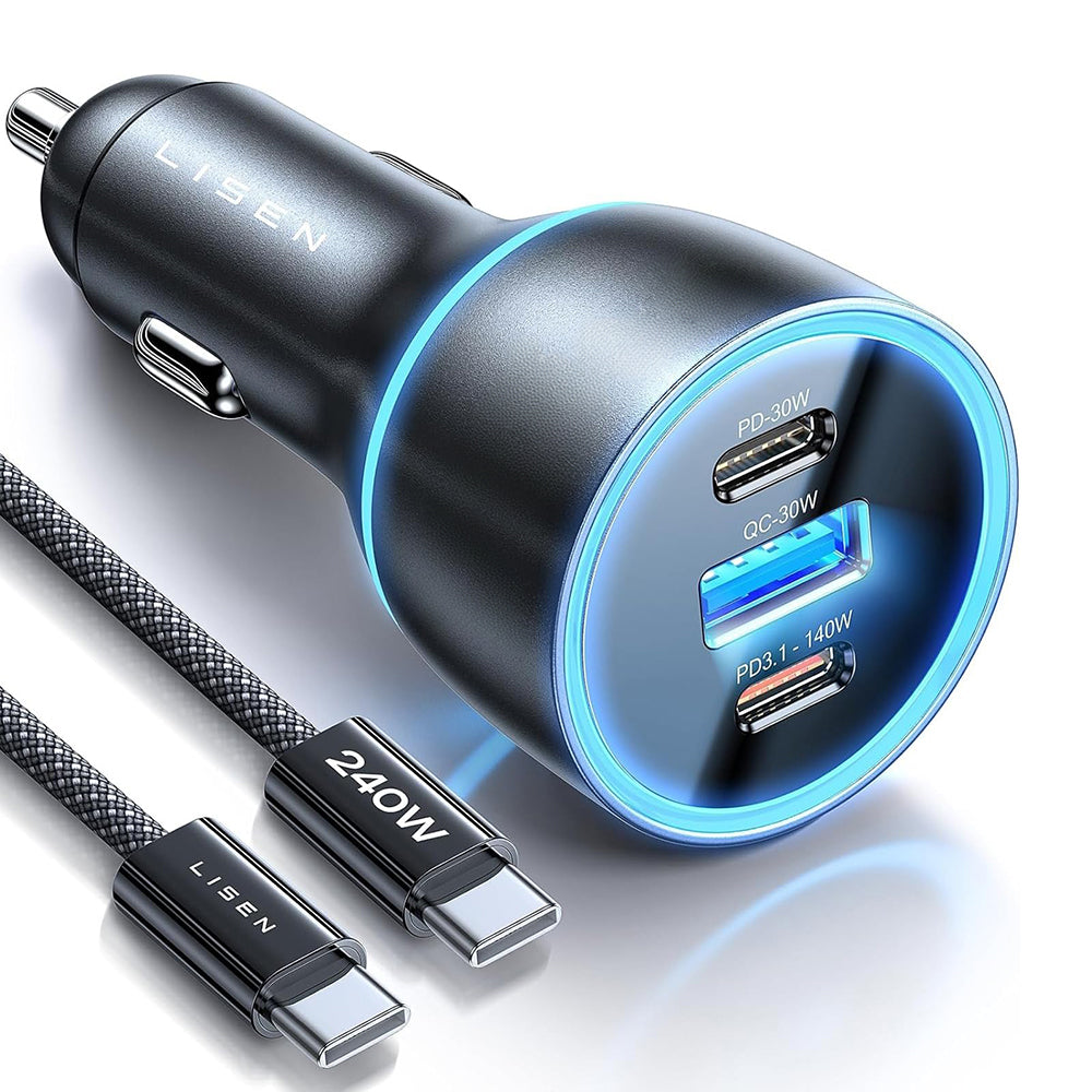 Avtomobilski polnilec z USB-C kablom Lisen, 170W, 5A, 1 x USB-A - 2 x USB-C, Črn YL0224010001