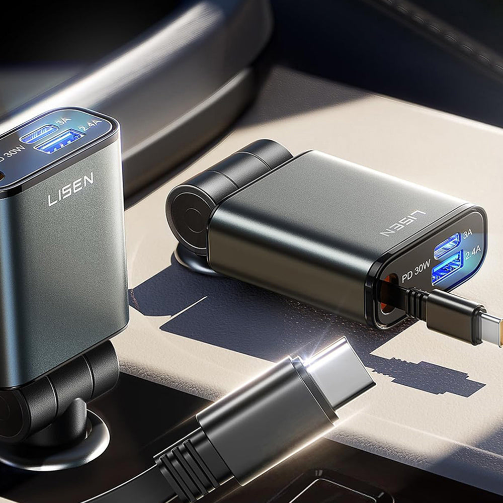 Avtomobilski polnilec z USB-C kablom Lisen, 57W, 3A, 1 x USB-A - 1 x USB-C, črn YL0325010016