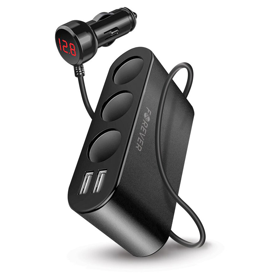Večportni avtomobilski polnilnik Forever, 12 W, 2,4 A, 2 x USB-A - 3 x podaljšek za vžigalnik, črn 