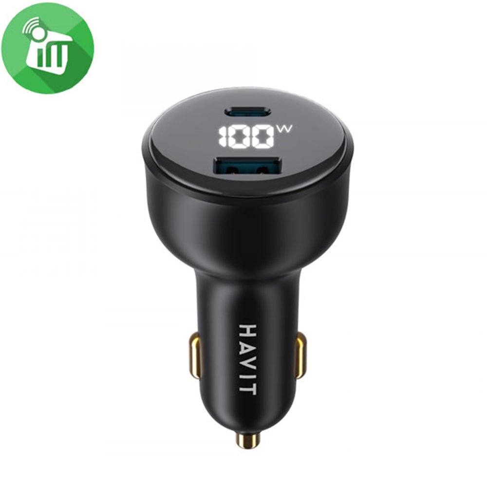 Avtomobilski polnilec HAVIT CC100W Display, 100W, 5A, 1 x USB-A - 1 x USB-C, črn