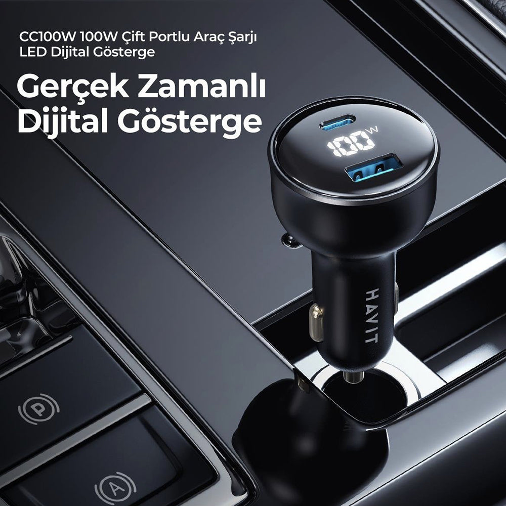 Avtomobilski polnilec HAVIT CC100W Display, 100W, 5A, 1 x USB-A - 1 x USB-C, črn