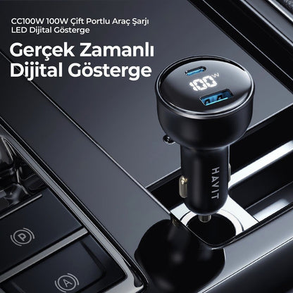Avtomobilski polnilec HAVIT CC100W Display, 100W, 5A, 1 x USB-A - 1 x USB-C, črn