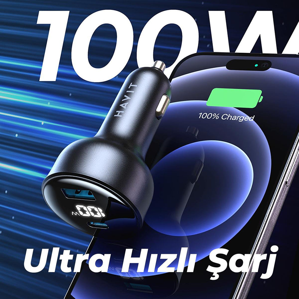 Avtomobilski polnilec HAVIT CC100W Display, 100W, 5A, 1 x USB-A - 1 x USB-C, črn