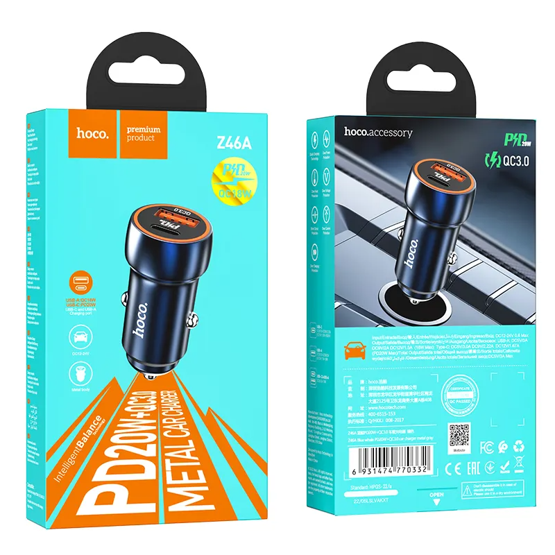 Avtomobilski polnilec HOCO Z46A, 20W, 3A, 1 x USB-A - 1 x USB-C, Modra