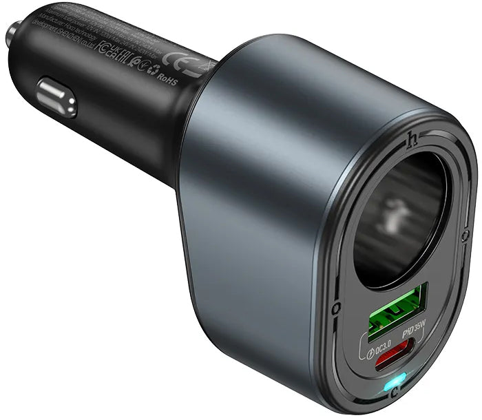 Avtomobilski polnilec HOCO Z56, 35W, 3A, 1 x USB-A - 1 x USB-C - 1 x Razširitev vžigalnika, Črn