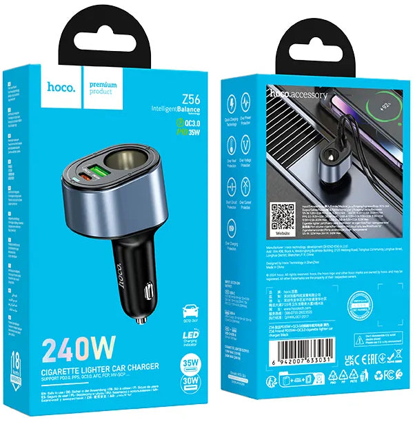 Avtomobilski polnilec HOCO Z56, 35W, 3A, 1 x USB-A - 1 x USB-C - 1 x Razširitev vžigalnika, Črn