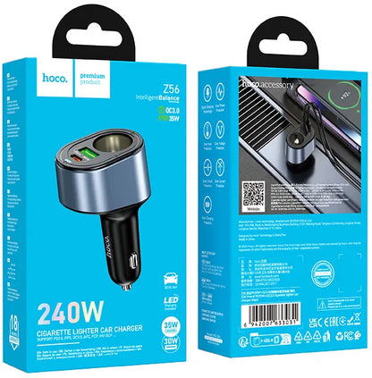 Avtomobilski polnilec HOCO Z56, 35W, 3A, 1 x USB-A - 1 x USB-C - 1 x Razširitev vžigalnika, Črn