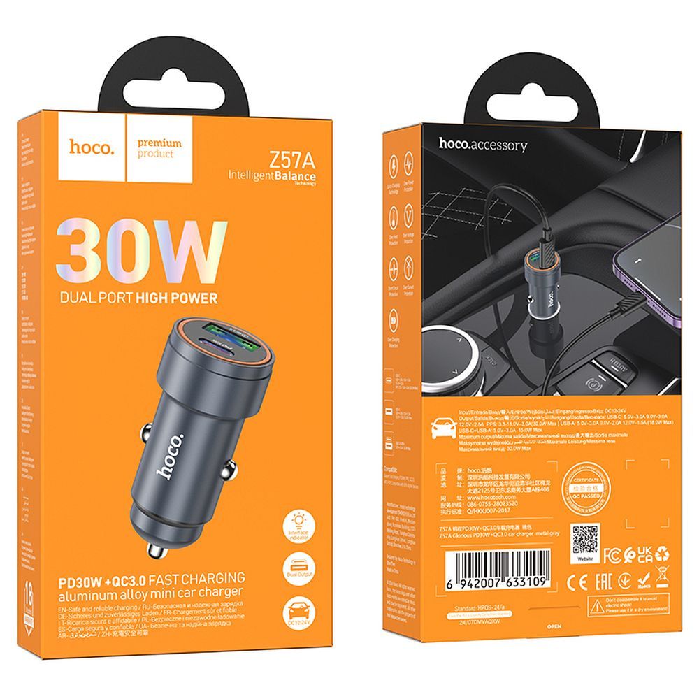 HOCO Z57A Car Charger, 30W, 3A, 1 x USB-A - 1 x USB-C, Grey