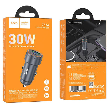 HOCO Z57A Car Charger, 30W, 3A, 1 x USB-A - 1 x USB-C, Grey