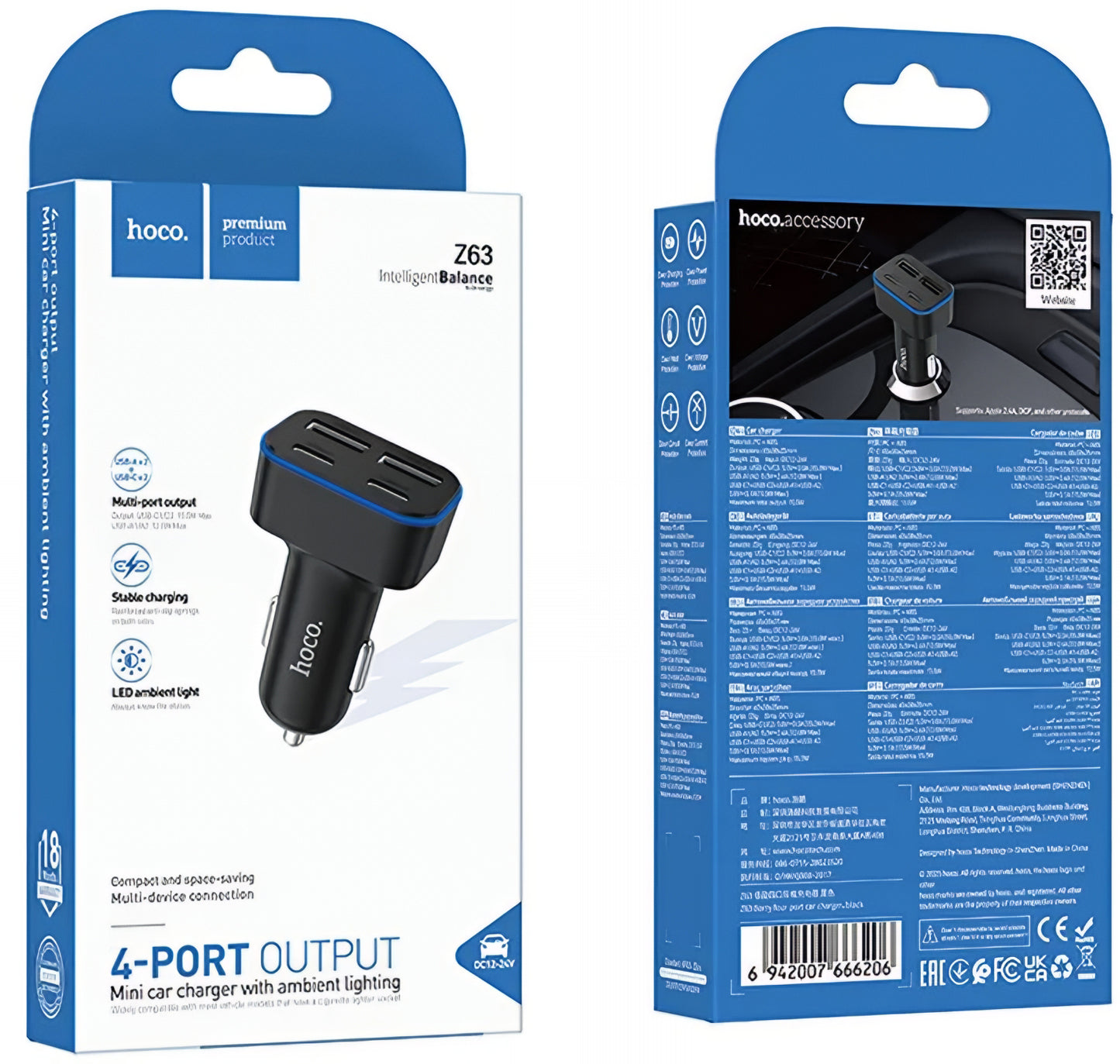 Avtomobilski polnilec HOCO Z63, 42W, 3A, 2 x USB-A - 2 x USB-C, Črn