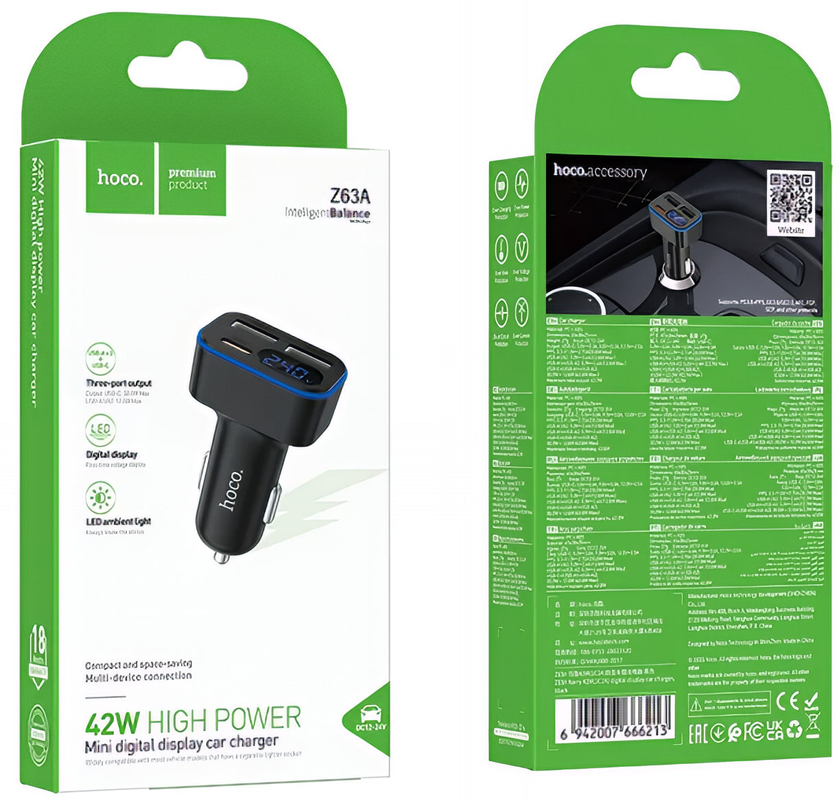 Avtomobilski polnilec HOCO Z63A Display, 42W, 3A, 1 x USB-C - 2 x USB-A, Črn